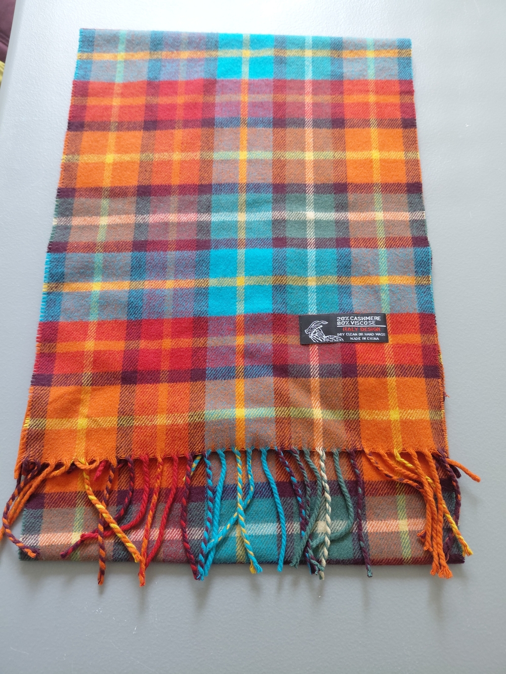 Colorful Plaid Fringe Scarf - Orange & Turquoise